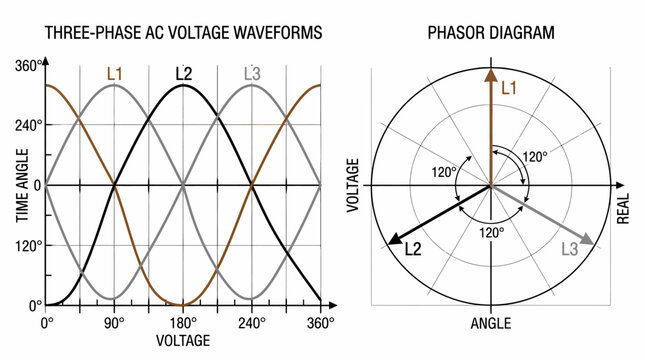 Illustration of three-phase AC voltage waveforms and phasor diagram representing electrical power