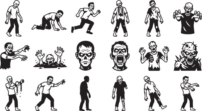 Scary undead zombie characters and head icons in various poses