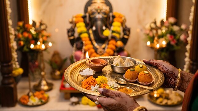 Puja Thali Offering with Modak Sweets for Ganesh Chaturthi