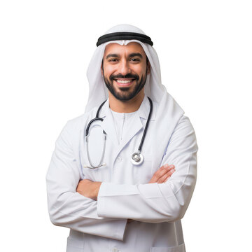Smiling arab male doctor wearing traditional thobe and coat isolated on transparent background