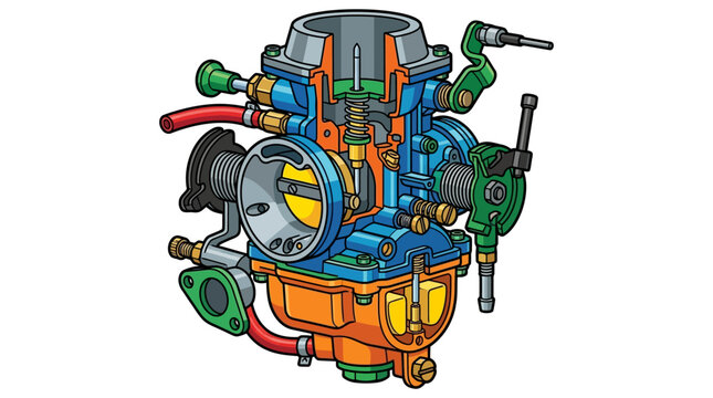 Detailed mechanical carburetor cross-section illustration showing internal engine fuel components and colorful technical parts