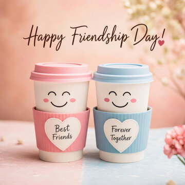 happy friendship day two smiling coffee cups with cheerful faces colorful sleeves pastel pink blue background warm lighting minimalist composition joyful celebration of friendship and togetherness