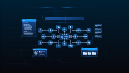 Fototapeta premium AI agent workflow automation process flow with search function, document, coding and automation system.