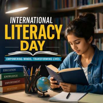 international literacy day bold modern font over library reader scene knowledge growth education success warm cool tones sharp detail