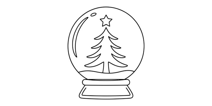 Black and white line art illustration of a christmas snow globe with a small pine tree