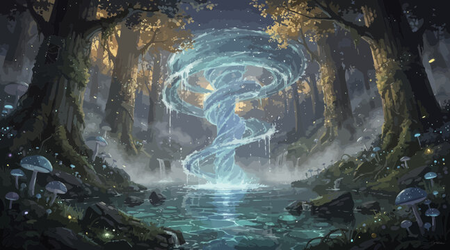 Mysterious glowing water vortex in enchanted forest at night