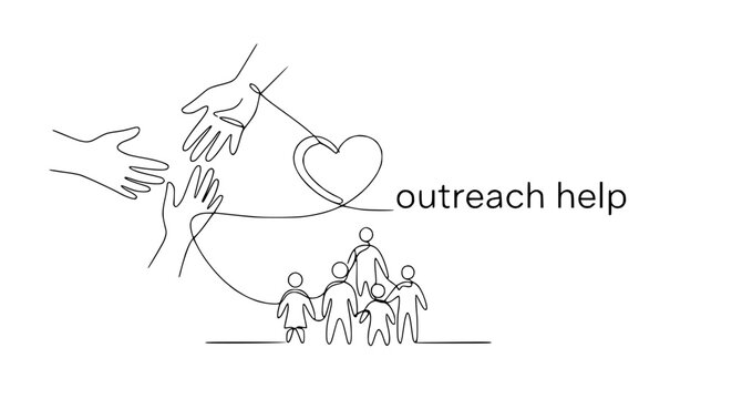 Hands reaching out, heart, and diverse group of people in continuous line art style