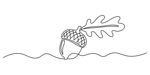 Continuous single line drawing of an acorn with a leaf in a minimalist art style © Pulok