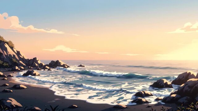 Serene Ocean Waves Crashing on Rocky Beach at Sunset.