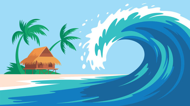 Massive blue tsunami wave rolls towards a tropical beach hut and two green palm trees