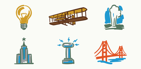 American Innovation Icons Representing Historical Progress and Engineering Achievements © 777SKYLABS