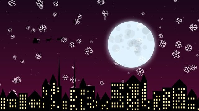 Santa sleigh flying over city skyline with full moon and falling snow animation