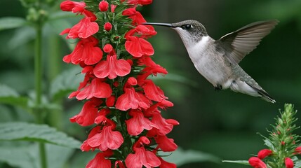 Fototapeta premium Tiny ruby throated hummingbird feeding on vibrant red cardinal flower blossoms in lush garden