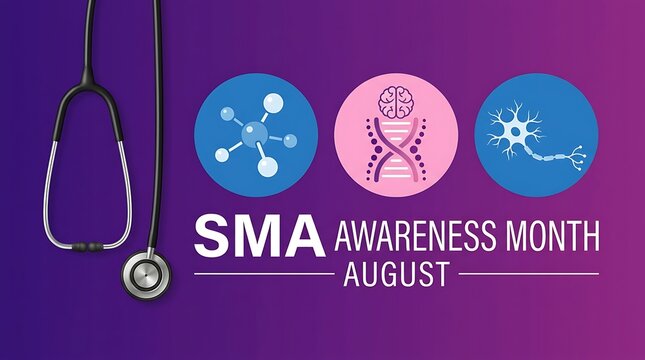 Stethoscope and science icons for SMA awareness month August on purple background with text.