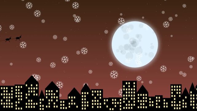 Santa sleigh flying over city skyline with full moon and falling snowflakes
