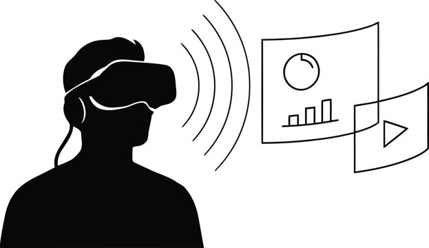Silhouette of a person wearing a virtual reality headset interacting with floating digital charts and in a digital workspace