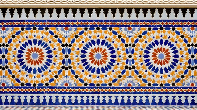 Intricate Moroccan Zellij Mosaic Tile Pattern with Geometric Designs and Vibrant Colors