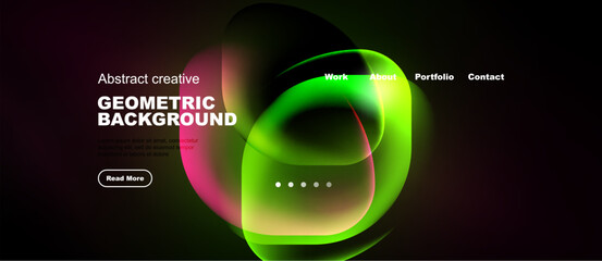 Naklejka premium Modern website design features vibrant, flowing shapes. Gradient colors blend, creating dynamic visual experience. Minimalist text elements present information.