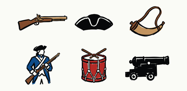Revolutionary war historical icon set for educational and military heritage projects