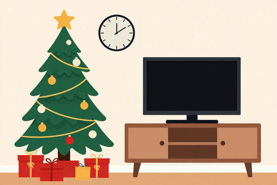 Cozy Living Room Scene with Decorated Christmas Tree and Modern Entertainment Unit