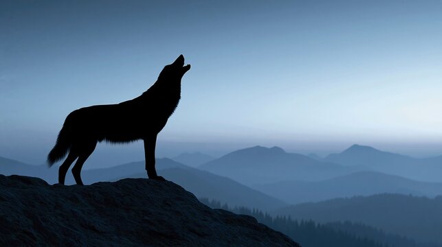 Silhouette of a wolf howling at the moon on a misty mountain peak under a twilight sky