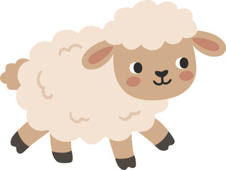 Obraz premium Cute Cartoon Sheep Running Illustration, Happy Smiling Baby Animal Character Walking with Fluffy Wool, Friendly Kawaii Farm Animal, Boho Minimalist Muted Pastel Nursery Sticker Element