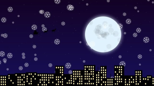 Santa claus sleigh flying over city skyline with full moon and falling snow
