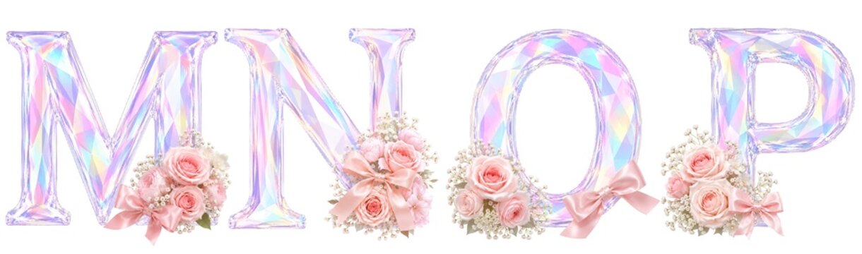 Iridescent Crystal Floral Alphabet Letters M N O P Decorated with Pink Roses PNG