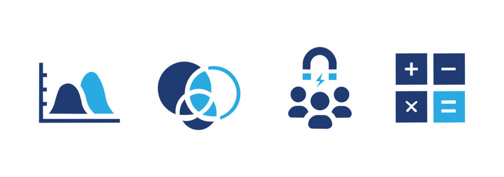 Analytics icon set. Contains level, segmentation, leads, and calculation icons. Solid icon illustration pack.