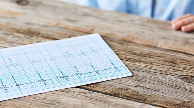 Doctor reviewing electrocardiogram ECG heart rhythm strip on wooden table, medical analysis