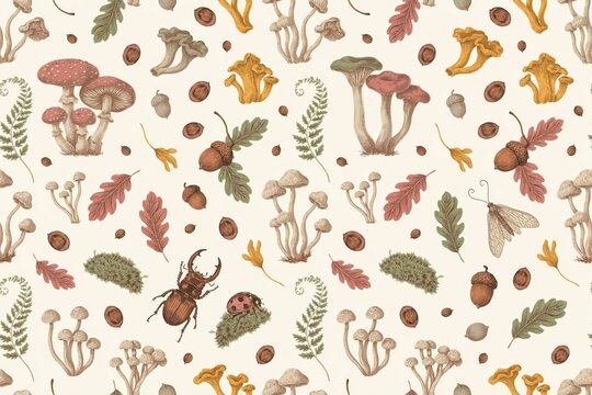 Hand drawn seamless pattern featuring various forest mushrooms, brown acorns, green fern leaves, insects, and moss on a light beige background
