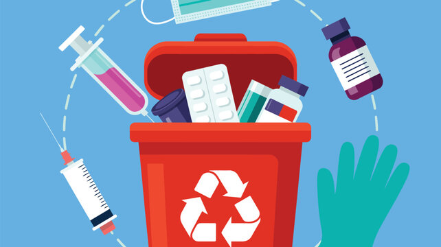 Medical waste disposal system with a red recycle bin and medical items