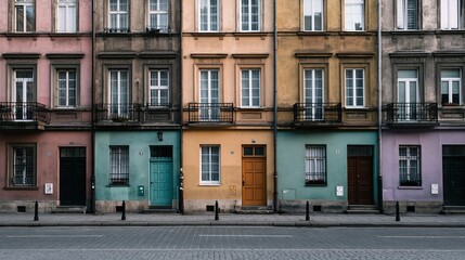 Obraz premium Colorful Row Houses Facade with Traditional Architecture and Cobblestone Street in European City