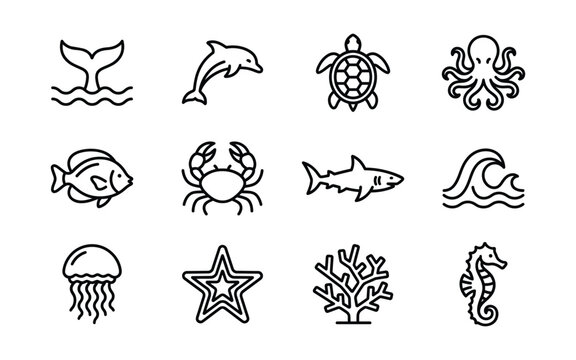 Sea life line icons set marine animals outline symbols including dolphin, turtle, shark, octopus, crab, starfish, jellyfish, seahorse, coral and ocean wave