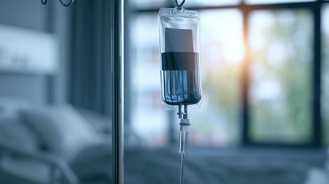 Intravenous drip bag hanging in a hospital room with blurred background and soft light