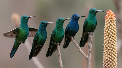 Fototapeta premium Five iridescent hummingbirds perched on a branch near an aloe vera flower