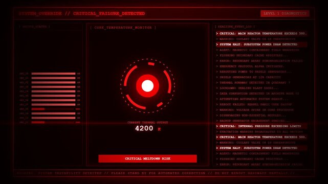 Nuclear Reactor Core Meltdown Critical System Failure Warning Screen Background Animation.