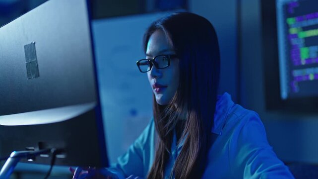 Young female programmer looking at screen with code displays around, white coat draped, focused late night software development work.