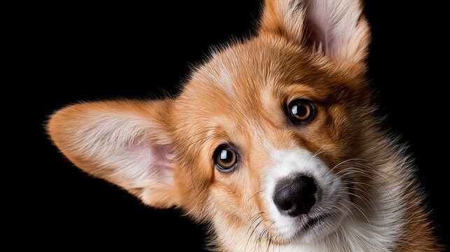Adorable Welsh Corgi Puppy Tilts Head Curiously Against Black Background Studio Portrait
