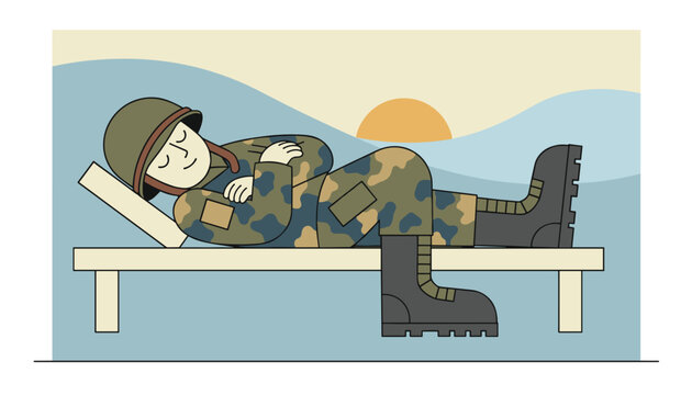 Tired soldier in military camouflage uniform taking a quick nap on a sun lounger against a beautiful sunset sky.
