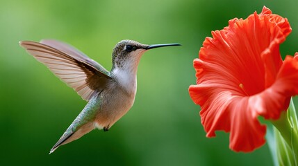 Fototapeta premium Close-up macro shot of a delicate hummingbird hovering near a vibrant red flower in soft natural light