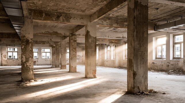 Sunlight streams through windows of an empty, decaying industrial building interior with concrete pillars and debris