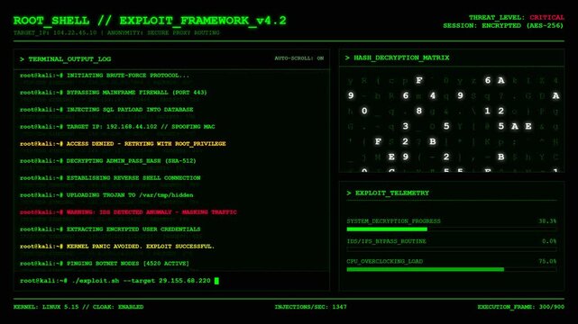 Root Shell Exploit Framework Hacking Terminal Cyber Attack Background Animation.