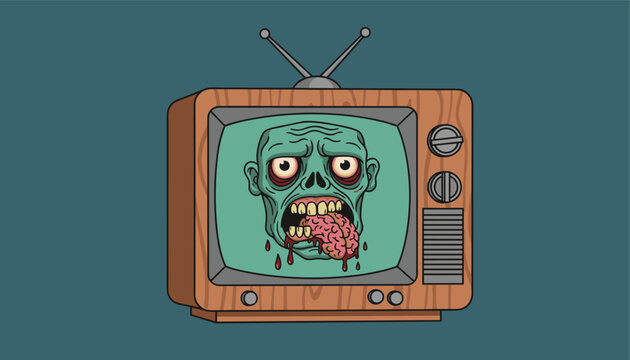Animated cartoon zombie head eating a pink brain on a retro wooden television screen over a dark blue background.