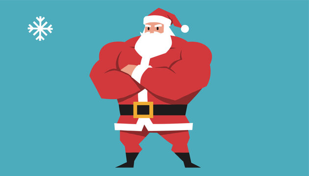 Strong and muscular santa claus character standing proudly with folded arms under a snowflake on a blue background.