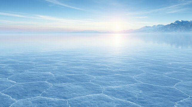 Vast Frozen Expanse Under a Pale Sunrise Sky, Reflecting Serene Ice Textures and Distant Snow-Capped Mountains