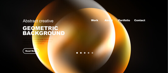 Naklejka premium Abstract design features vibrant orange shapes over dark background. Website navigation present, text details included. Modern aesthetic.