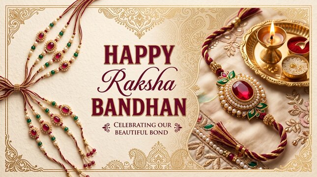 Happy raksha bandhan greeting card with decorative rakhi and traditional thali