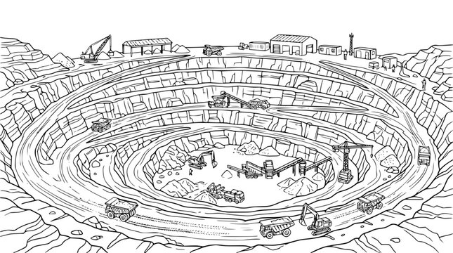Open Pit Mine Illustration with Heavy Machinery and Industrial Excavation Site