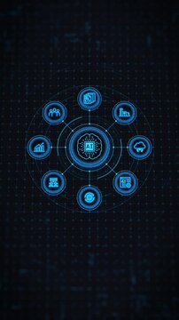 Futuristic HUD interface Artificial intelligence and AI brain concept integrated with business management icon network. Abstract digital background